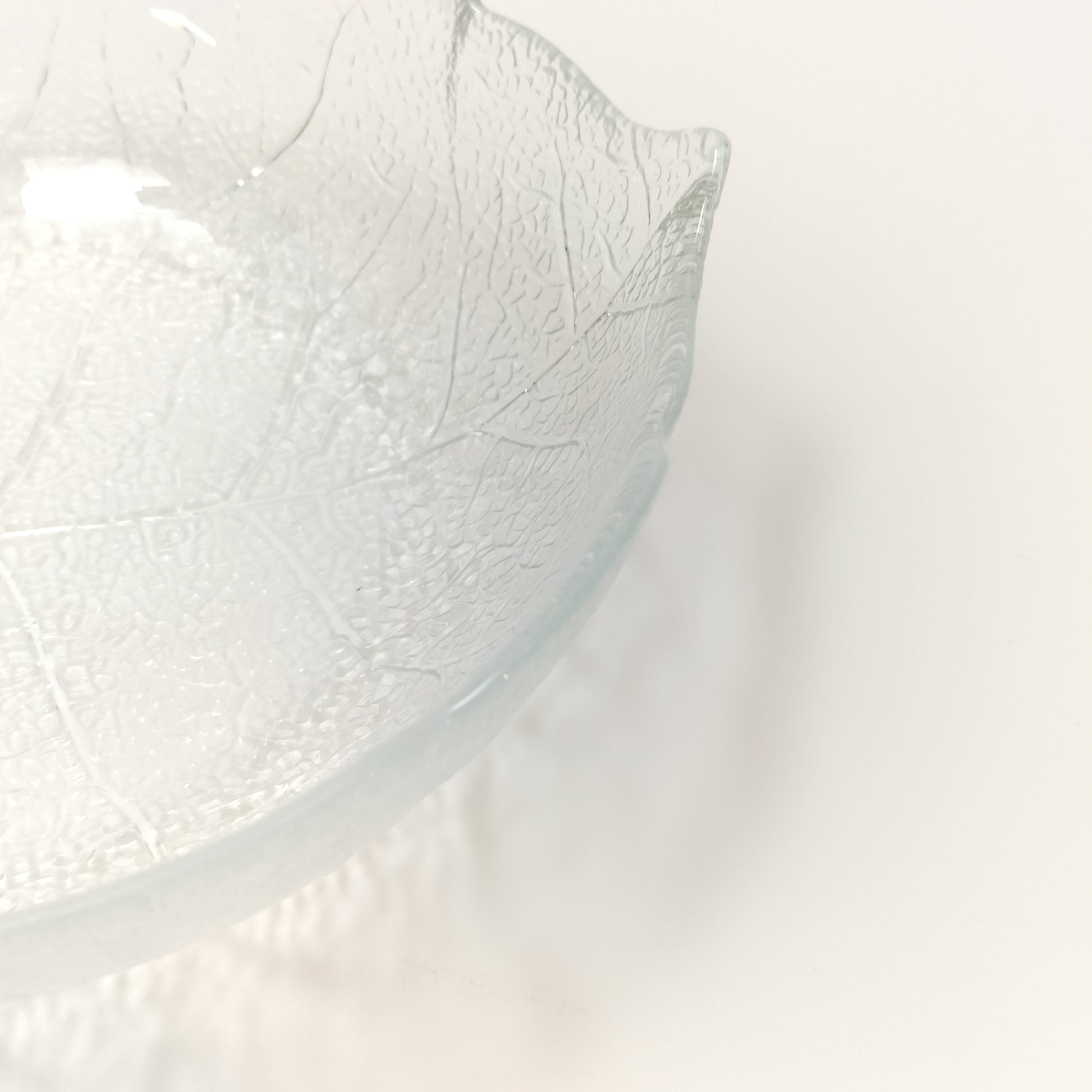 Close up of the rim of an Arcoroc Aspen clear tempered glass pasta plate with leaf pattern on white background